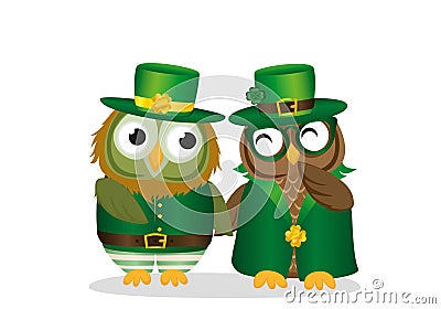 Two happy owls in national costume at Patrick`s Day holding hand Cartoon Illustration