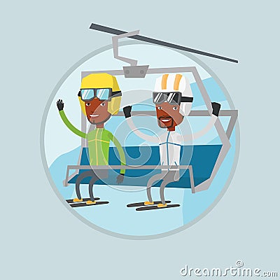 Two happy skiers using cableway at ski resort. Vector Illustration