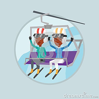 Two happy skiers using cableway at ski resort. Vector Illustration