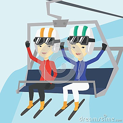 Two happy skiers using cableway at ski resort. Vector Illustration