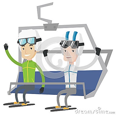 Two happy skiers using cableway at ski resort. Vector Illustration