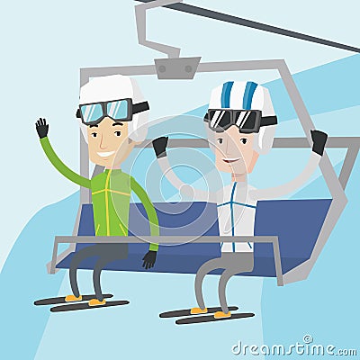 Two happy skiers using cableway at ski resort. Vector Illustration