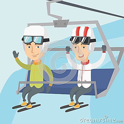 Two happy skiers using cableway at ski resort. Vector Illustration