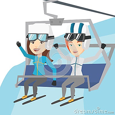 Two happy skiers using cableway at ski resort. Vector Illustration