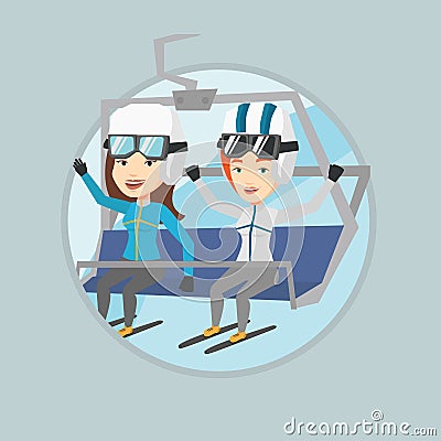 Two happy skiers using cableway at ski resort. Vector Illustration