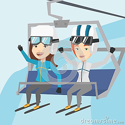 Two happy skiers using cableway at ski resort. Vector Illustration