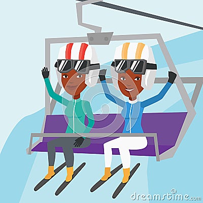 Two happy skiers using cableway at ski resort. Vector Illustration