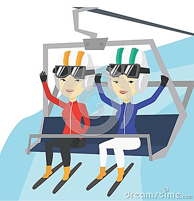 Two happy skiers using cableway at ski resort. Vector Illustration