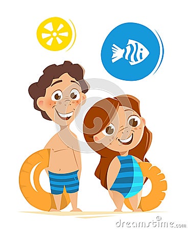 Two happy smile healthy kids childs boy girl summer vacation Vector Illustration