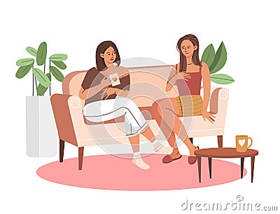 Two happy smiling female characters are sitting on the couch and laughing together on white background Vector Illustration