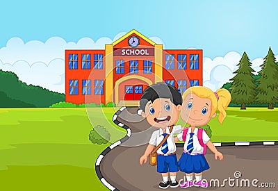 Two happy students cartoon standing in front of school building Vector Illustration