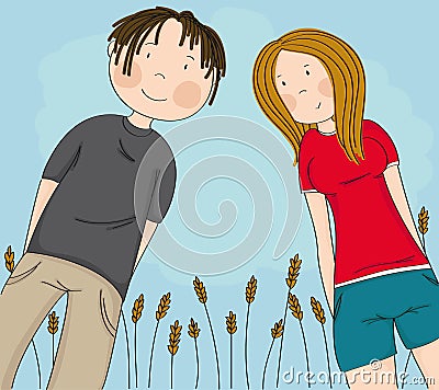 Two happy teenagers, boy and girl looking down at the camera and smiling, blue sky behind them Vector Illustration