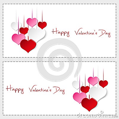 Two happy valentine cards with hanging colorful hearts Vector Illustration