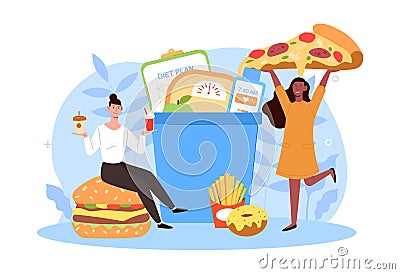 Two happy women are eating tasty junk food breaking diet together Vector Illustration
