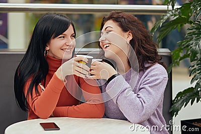 Two happy young women drinking coffee in cafe and laughing, wearing casual sweaters, telling interesting stories, haven t seen for Stock Photo