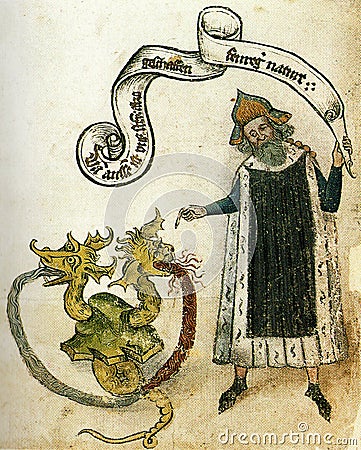 alchemical illustration of the fountain of the two-headed dragon from the book of the holy trinity Editorial Stock Photo