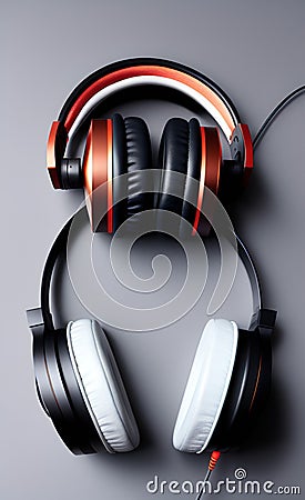 Two headphones wired and bluetooth grey background Stock Photo