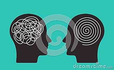Two heads of a person with the opposite mindset. concept of chaos and order in thoughts. flat vector illustration isolated Cartoon Illustration