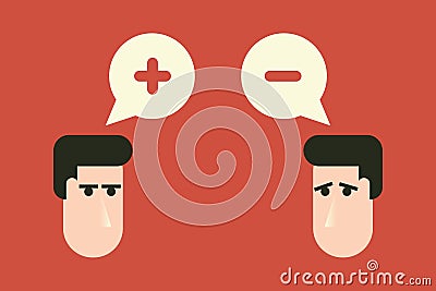 Two heads with plus and minus signs. Positive and negative thinking, contrasts, polarity and opposition concept. Flat design Vector Illustration