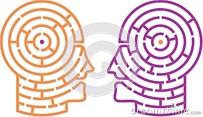 Two heads talking with maze brains. Labyrinth chat. Vector Illustration