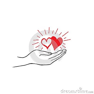 Two heart in love in your hand. Strong family icon. Save love sign Stock Photo