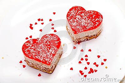 Two heart-shaped cakes on the plate Stock Photo