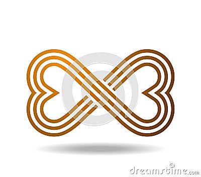 Two hearts connecten in a shape of golden mobius loop. The sign of infinity Vallentines day Vector Illustration
