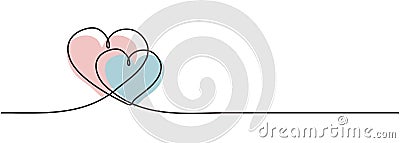 Two hearts embracing each other continuous one line drawing of love concept and romantic symbol for valentine's day greeting Vector Illustration