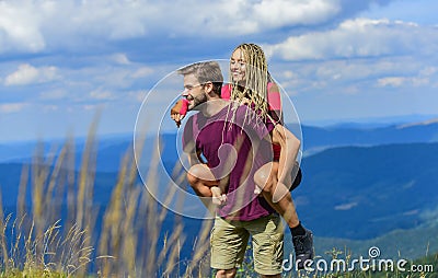 Two hearts full of love. Beautiful couple embracing landscape background. Couple in love summer vacation. Love and trust Stock Photo