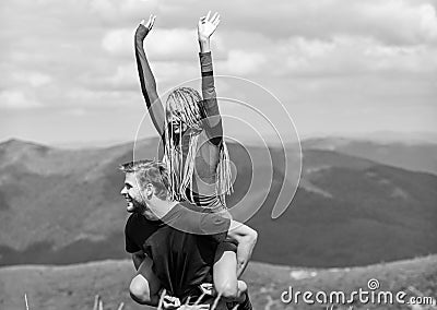 Two hearts full of love. Beautiful couple embracing landscape background. Couple in love summer vacation. Romantic Stock Photo