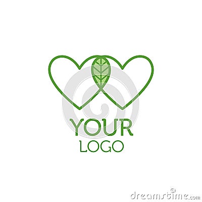 Two hearts and green leaf logo. Charity concept Vector Illustration