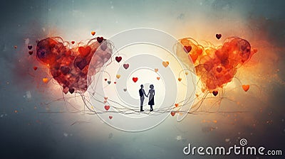 two hearts joined by string with a couple holding hands in the middle Stock Photo