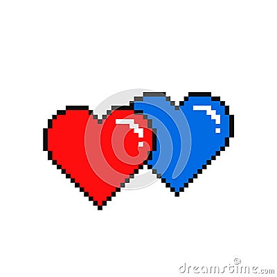 Two Hearts pixel color icon, red and blue. Vector isolated flat illustration Vector Illustration