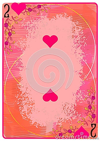 Two of Hearts playing card. Unique hand drawn pocker card. One of 52 cards in french card deck, English or Anglo-American pattern Cartoon Illustration