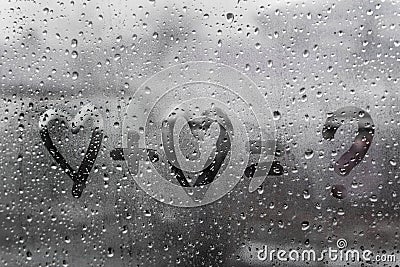 Two hearts with plus sing and equality sign and question on window in Rainy weather Stock Photo