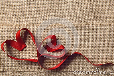 Two Hearts, Sackcloth Burlap Background. Valentine Day, Wedding Love Concept Stock Photo