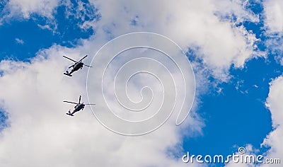 two helicopter rotorcraft. police helicopter. heli copter flight. helicopter transport. helicopter flying in the sky Stock Photo