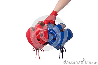 Two helmets for head protection in sports, Boxing, in hand, on a white background Stock Photo