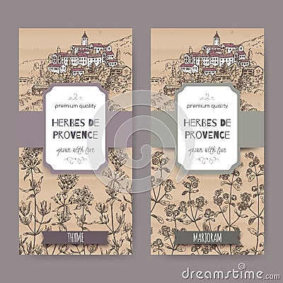 Two Herbes de Provence labels with town, thyme and marjoram Vector Illustration