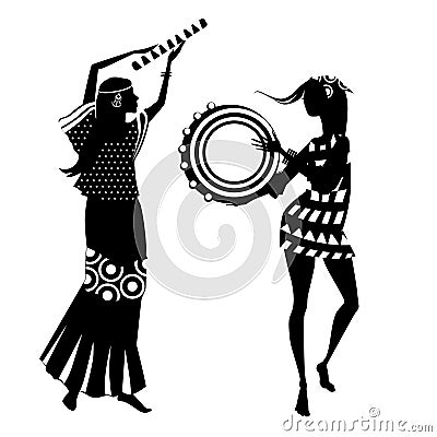 Two hippie girls, silhouettes Vector Illustration