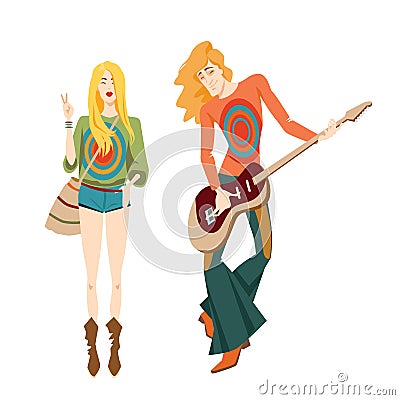 Two hippies playing musical instruments Vector Illustration