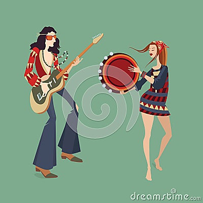 Two hippies playing musical instruments Vector Illustration