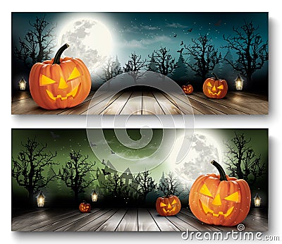 Two Holiday Halloween Banners with Pumpkins Vector Illustration