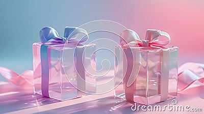 Two Holographic Crystal Gift Boxes With Pastel Pink And Blue Ribbons, for Baby Shower, AI Generated Stock Photo