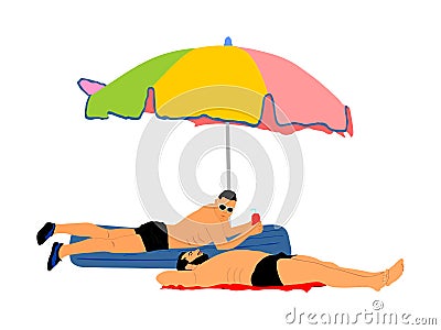 Two homosexual boys lying on beach illustration. Handsome gay man sunbathing under parasol. Gay couple tenderness in public Cartoon Illustration