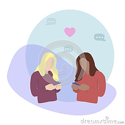 Two homosexual women of different race looking at their phones, sending messages. Concept of finding a date through social media Cartoon Illustration