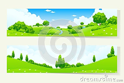 Two Horizontal Banners with Nature Landscape Vector Illustration