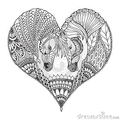 Two horses showing affection in a heart shape. Zentangle Vector Illustration