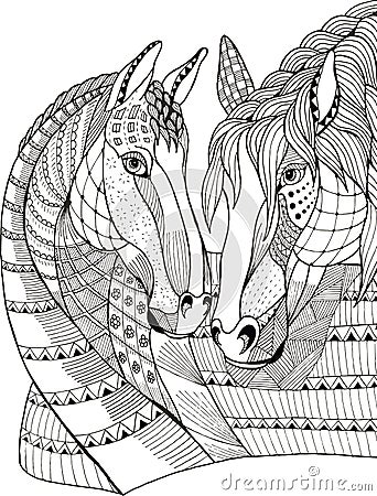 Two horses showing affection, zentangle stylized, vector Cartoon Illustration