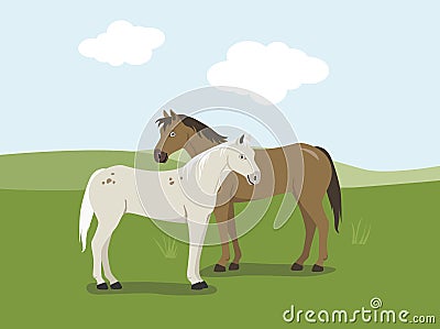 Two horses standing in the meadow vector cartoon illustration Vector Illustration